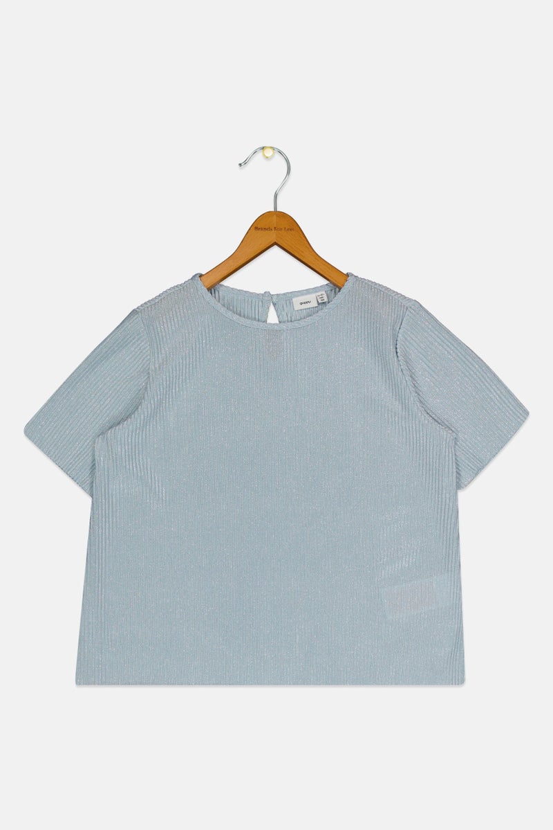 guppy Kids Girl Metallic Short Sleeve Top, Dusty Blue - Image 2